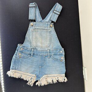 JORDACHE Bib Overalls Coveralls Denim Shorts Crocheted Hem Girls Sz XS Boho Chic